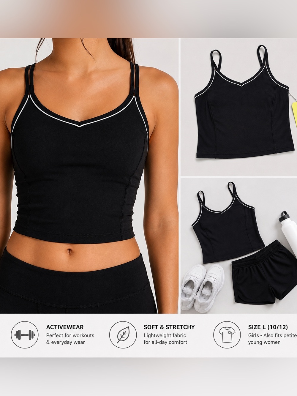 Black V-Neck Cropped Tank Top with Contrast Trim - Girl